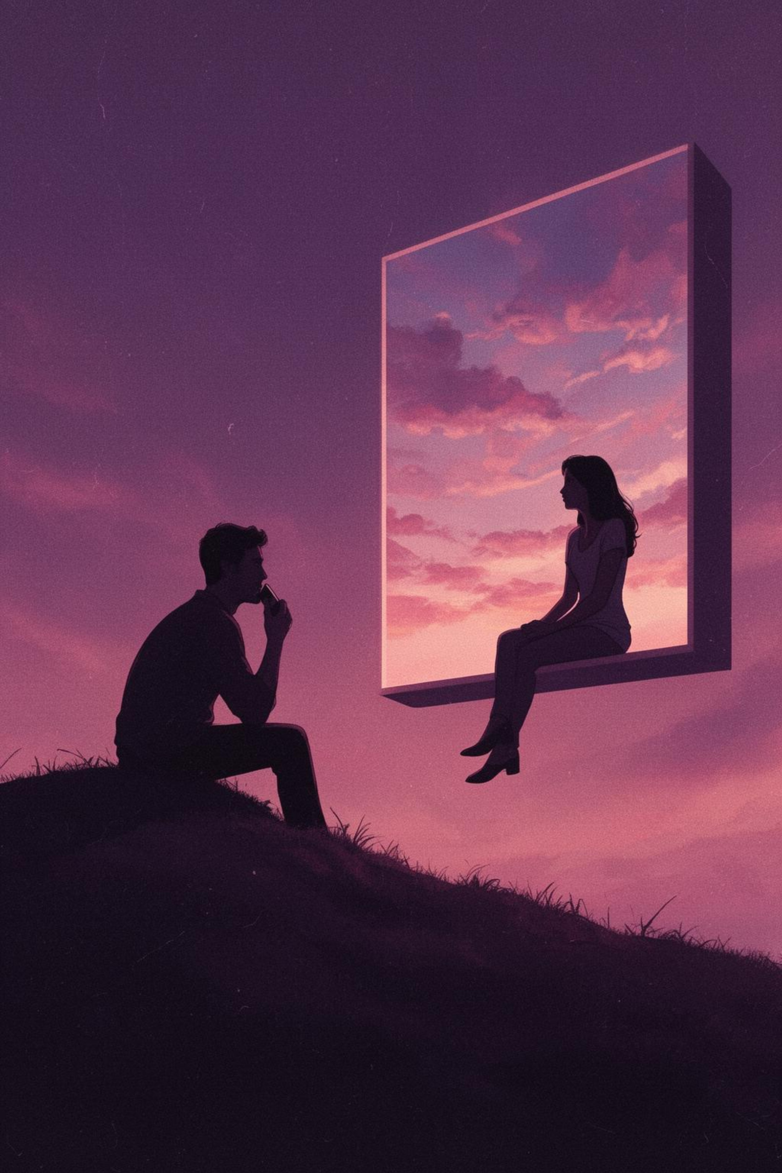 Surreal illustration. Wide-shot of a man in silhouette sitting on a dark, grassy hilltop, facing right. He holds a phone to his ear, appearing to look into a large, floating rectangular cutout on the right that reveals a brighter, sunset sky. Inside the cutout, a woman is also in silhouette, sitting and facing left toward the man as if they are sharing a conversation across dimensions. The color palette is dominated by deep purples, magentas, and soft pinks, with the interior of the cutout showing more vibrant, illuminated clouds. The piece has a grainy, vintage paper texture throughout, with soft edges and a dreamlike, melancholic, yet connected mood.<lora:TA-2026-02-27-22-42-02-Surrealill-82:0>