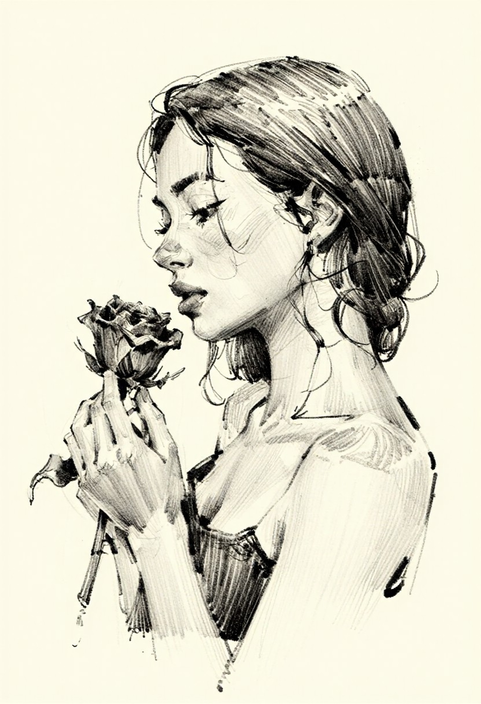 Kibromoks art style. Black ink sketch simulation, master quality fine art portraiture, expressive hand-drawn style. Profile portrait of a young adult woman in a contemplative mood, holding a single rose gently between her two hands. Highest artistic quality, museum-worthy ink drawing.
Natural human proportions. The neck is of normal length, not elongated, not stretched. The shoulders are visible at the bottom of the composition, anchoring the figure correctly.
The woman's profile is elegantly drawn with confident fluid lines: delicate curve of the forehead, straight or slightly curved nose, soft closed lips, defined chin, graceful neck of normal length. Her expression is serene, introspective, eyes lowered or closed. Hair flows naturally with loose expressive ink strokes, some strands breaking into fine wisps. Her hands are held near her chest or face, gently cradling a rose with a few simple petals and a slender stem. Light delicate hatching suggests soft shadows along the jawline, under the chin, and on the neck. Realistic proportions, not stylized, not fashion illustration.
No background, only clean off-white textured paper with subtle grain. Some ink splatters and rough edges adding authentic studio atmosphere. High contrast, poetic, intimate, contemplative.