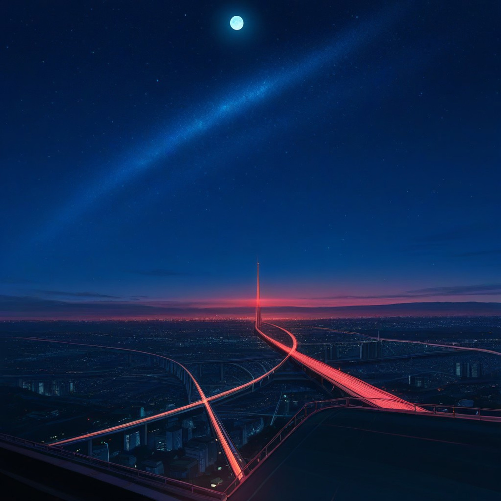 night, no humans, landscape, red light, city, moon, star (sky), highway bridge, panoramic view, high quality, perfect details, hi res, 4k, cinematic lighting