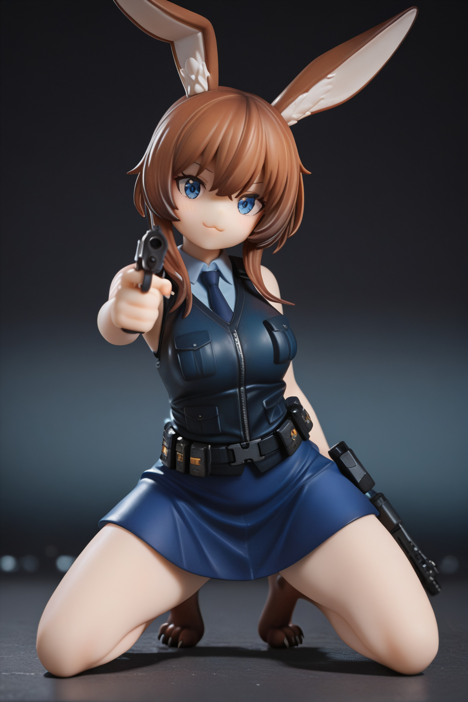 volumetic lighting, hyperrealistic art masterpiece, best quality, high quality, absurdres, very aesthetic, detailed, perfect resolution, amazing quality, newest, perfect, detailed eyes, a girl,solo, assault gear, the war, bare foot, paws,pistol in hand, police outfit, blue skirt, on the stand, sleeveless vest, aiming at viewer, detailed weapon, detailed pistol, beretta M9 smile, cute, toes, toes claws, female, furry, rabbit girl, wild assault, feral, paws, kneeling, one hand on floor, look at viewer, :3, . extremely high-resolution details, realism pushed to extreme, fine texture, incredibly lifelike, masterpiece, best quality, absurdres, 8k uhd, ultra-detailed, soft light diffusion, aesthetic lighting, depth of field, realistic skin texture, aesthetic,