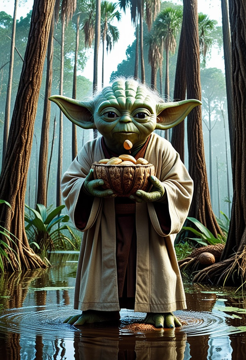 nutstylesnut, Yoda lifting a massive, heavy Brazil nut out of a swamp using the Force. The swamp trees are gia