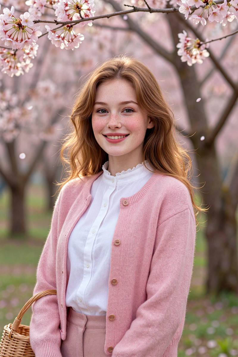 emmafrck, ultra-realistic portrait of a young woman. She is wearing a pastel pink cotton cardigan over a white