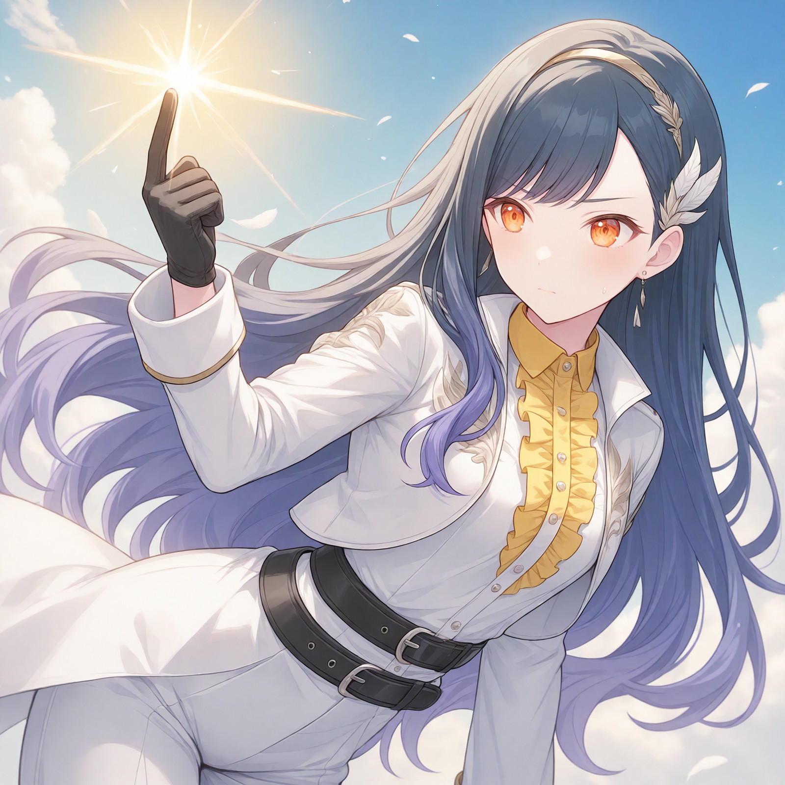 nijistyle, masterpiece, very aesthetic, best quality, year 2025, newest, highres, safe,
1girl, shiraishi an, project sekai, solo, (four fingers and thumb:1.2),
orange eyes, (detailed eyes:1.2),
ukaan,
yellwo hairband, black gloves, white pants, white jacket, yellow center frills, black belt, open jacket, frilled shirt, collared shirt, dress shirt, belt buckle, feather hair ornament, light blue fabric,
<lora:IL-vbs-UkaAn01:0.7>
bright, clear blue sky, fluffy clouds, floating white feathers,
<lora:IL-style-nijistyle02:0.6> <lora:hand 5.5:1>