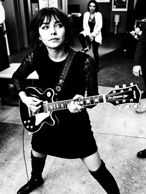 (hdr masterpiece, hyper realistic, ultra realistic, realism, lifelike, award winning photography) 
Candid style 1980s black and white candid photograph, captured in the photojournalistic styles of Steve Schapiro and corbjix Anton Corbijn
d1m1f0xx
A 24 year old woman with dark eyes and shoulder-length feathered dark hair stands on stage completing the sound check on her black and white Rickenbacker 350 SH guitar.  She has a wiry athletic build.
The woman wears a stylish knee-length black dress with lace sleeves, accessorized with short black motorcycle boots.  She looks in a direction away from the camera as she strums a chord on her guitar to check the venue sound.  Her expression is thoughtful; she is formulating a complex plan.
The background of the image is a stage in a cozy music venue circa 1984.
The woman's other female bandmates may be caught around the edges of the image but they are obscured in bokeh.
