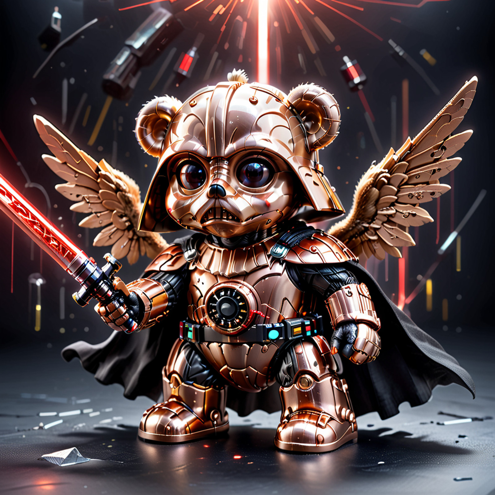Bronze and copper hybrid of darth vader and a teddy bear, having wings and holding a red laser sword