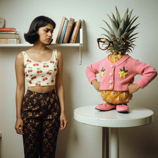 The background is a 1950s kitchen cookbook shelf (small, three cookbooks, on wall). A bawdy American Realism photograph A fit Bangladeshi 1950s housewife, frowning expression, is wearing capri pants (black, printed pattern of orange, cropped), sleeveless shell (cream, printed pattern of cherry, scoop neck), cardigan (pink, appliqued star fruit motifs, cropped, pearl buttons), ballet flats (pink), and cat-eye glasses (tortoiseshell, thick frames). She is looking at a large anthropomorphic pineapple, on a small formica table, its hands are on its hips, pouting. Diffuse lighting. Symbolism.