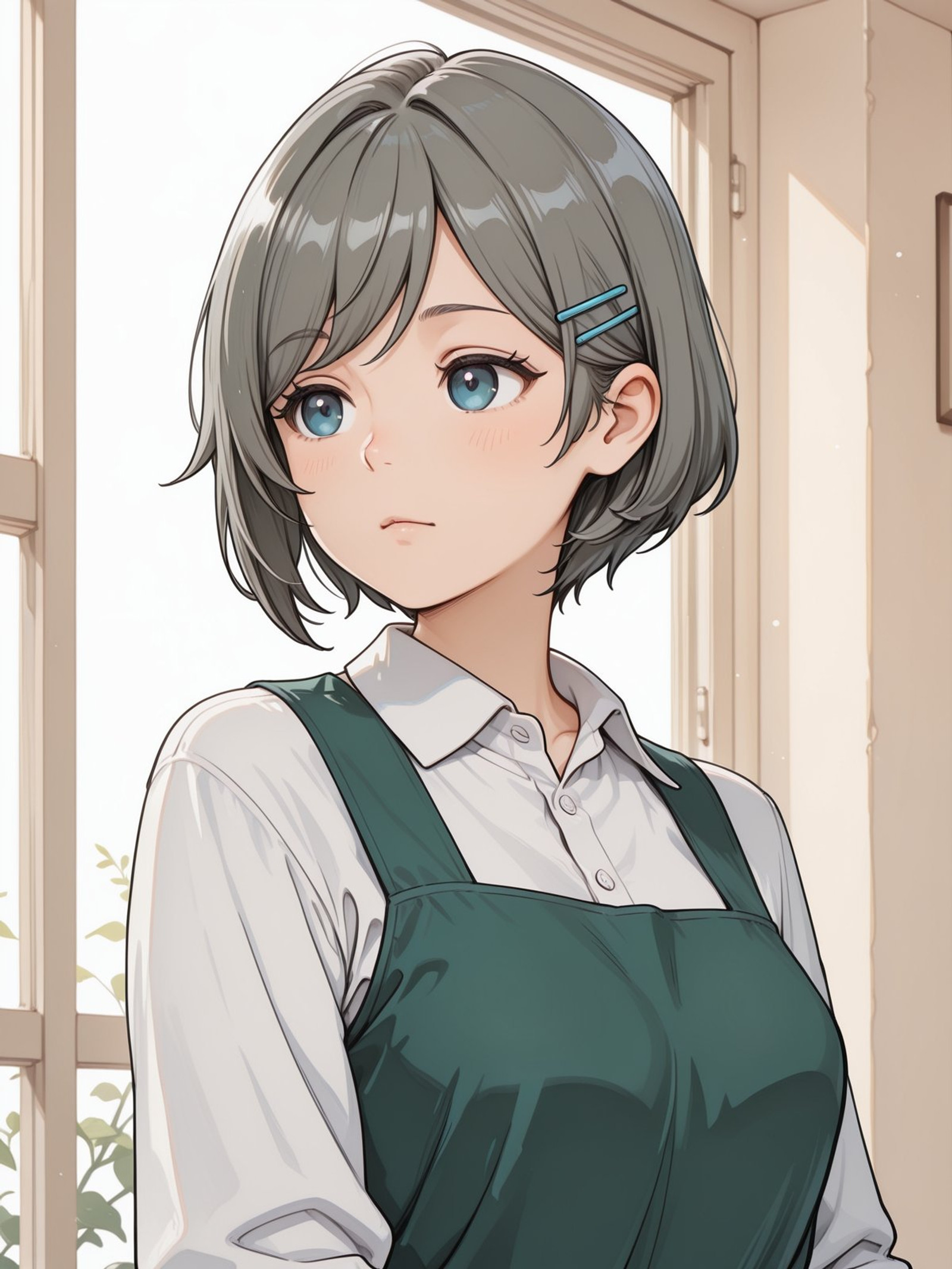 A_Yuu, grey hair, short hair, blue hairclip, swept bangs, blue eyes,1girl,solo,green dress, collared shirt, white shirt,masterpiece,high resolution,Stable_Yogis_Anatomy_Positives_V1