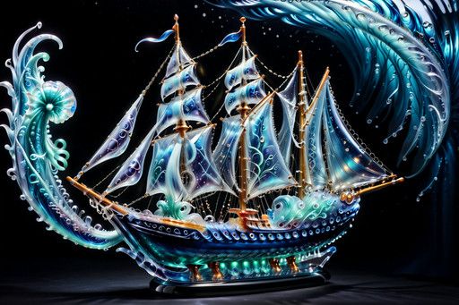 Imagine a humorous, artful Murano glass tableau capturing a grand Venetian sailing ship in a slightly undignified encounter with an overly theatrical octopus.

The ship is a miniature 17th-century galleon, its hull blown in deep ruby glass layered with threads of molten gold leaf that shimmer like sunset over the lagoon. Delicate filigree lines in ivory and cobalt trace the planks, while its billowing sails are formed from translucent milky opaline glass, faintly iridescent as if still catching a sea breeze. The masts are impossibly slender crystal rods, topped with tiny fluttering pennants in emerald and amber.

Emerging from a swirling base of sapphire and aquamarine glass waves, the octopus is less fearsome conqueror and more flamboyant lagoon diva. Its body glows in coral and rose tones flecked with aventurine sparkle, and its tentacles curl upward in exaggerated baroque spirals — more decorative than destructive. One tentacle gently “inspects” the ship’s bow as if critiquing craftsmanship; another lifts a tiny golden anchor with comic curiosity.

The sea itself is sculpted as a dramatic cresting wave, frozen mid-splash, with clear glass foam bubbling at the edges. Light passing through fractures into dancing prisms, making the ship appear to shimmer bravely while the octopus glows mischievously beneath.

The overall effect is playful rather than perilous — a jewel-bright Murano masterpiece where maritime heroism meets lagoon humor, and centuries of Venetian glass artistry wink knowingly at the viewer.