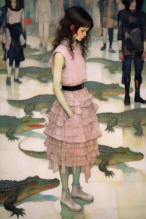 kaoruyamada2q painting.  
Surreal portrait of a young woman, shown in side profile, with long wavy dark hair standing calmly amidst a swarm of small green crocodiles on a bright floor. She is wearing an avant-garde, sleeveless light pink dress with a high collar and a complex, layered skirt that resembles textured paper or scales, cinched at the waist with a black belt. She has her hands in her pockets and wears white high-top sneakers, looking downward with a thoughtful expression. Surrounding her, several crocodiles with sharp teeth and red eyes crawl in different directions, while stylized figures in black and white clothing stand in the periphery.  <lora:Qwen-Image-Lightning-4steps-V2.0:0.5> <lora:kaoruyamada2q_d16a8e7:1.0><lora:TA-2026-01-26-20-18-43-kaoruyamad-66:0>