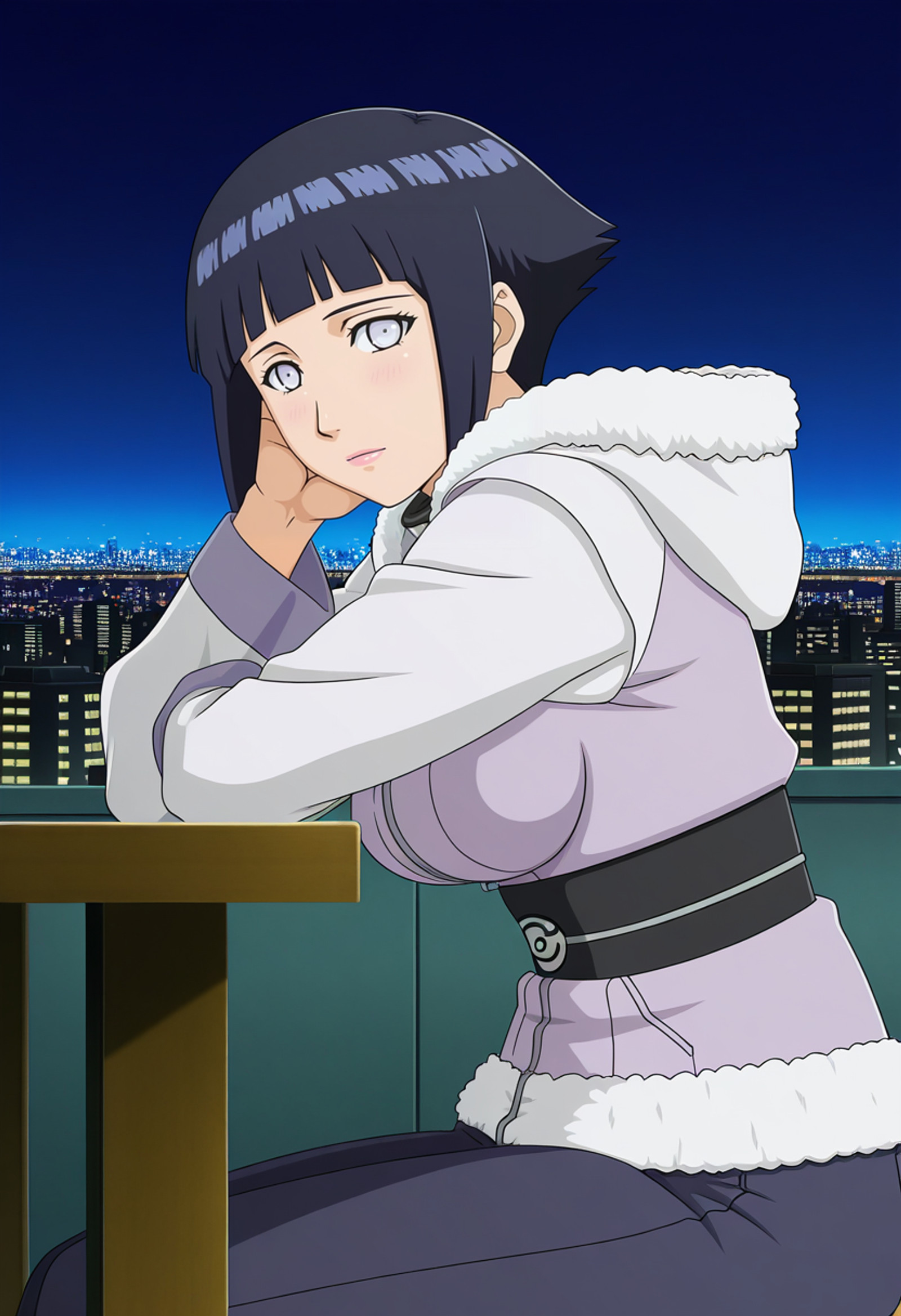<lora:IL_Kanimabo_Art_Style:1>,  kanimabo_style, hinata hyuga, hyuuga hinata, short hair, white eyes, bangs, blunt bangs, mature female, medium breasts, anime screencap, long sleeves, pants, hood, konohagakure symbol, fur trim gray jacket,
sitting, head rest, table,, city skyline, rooftop view, night time, city lights, quiet reflection, cowboy shot, solo, looking at viewer, side view, from side,