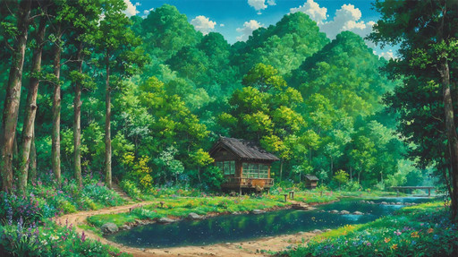 masterpiece, best quality, nature, dojo, river, forest <lora:Ghibli10:1> g1b4l1, scenery, outdoors, day, tree, no humans, sky, cloud, grass, plant, flower, water, path