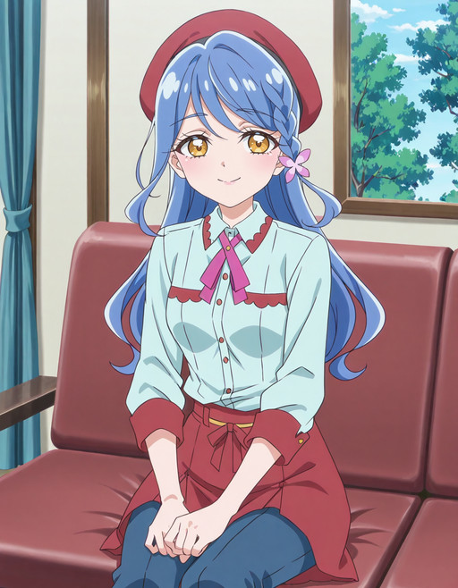 anime screencap, solo,1girl,howakurea,beret,red skirt,shirt,blue pants, hair ornament,smile,looking at viewer,medium breasts,wide hip,sitting<lora:howakurea_IL:0.8> high definition,amazing quality,best quality,very aesthetic,masterpiece,absurdres,