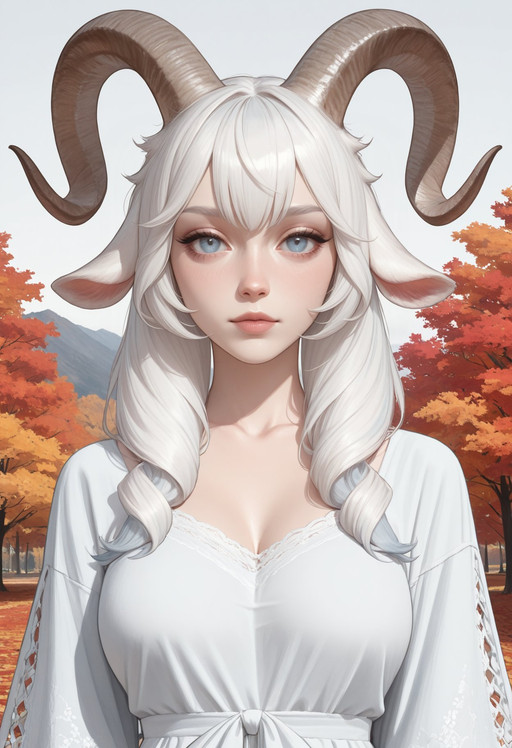 very awa, masterpiece, best quality, absurdres, newest, perfect quality, detailed background, intricate details, solo,
<lora:OCUn4l4:1.0> OCUn4l4, animal ears, Horns, goat Girl, White hair, blue eyes,,
looking at viewer, 
upper Body, autumn background