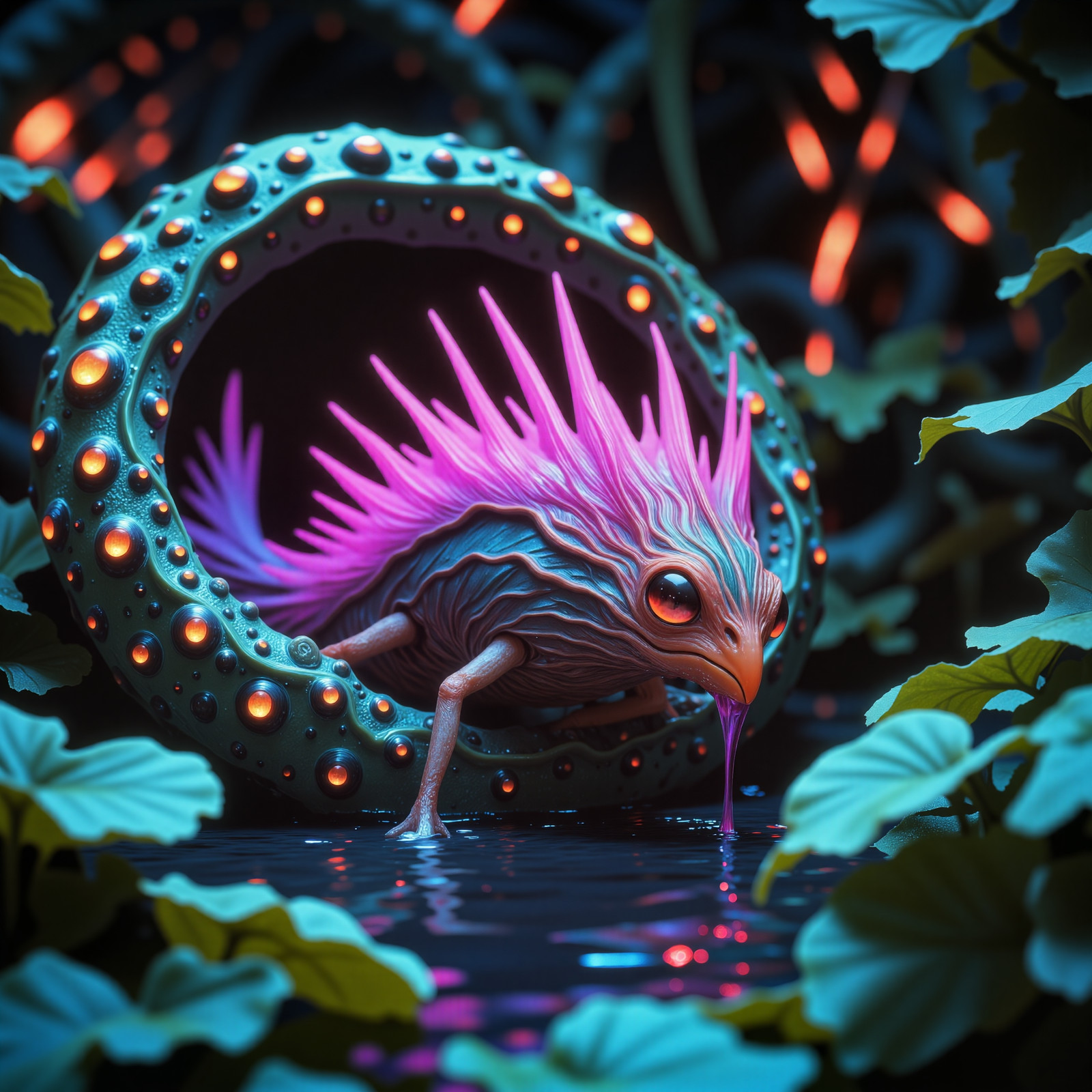 eldritch and exotic scenery on a distant world, award-winning macro photo, short depth of field, hyper realistic, ultra high definition, dim lighting, twilight,  bioluminescence, subsurface scattering, the small "flamboyant pondsnorbler" is a feathered creature that inhabits the dense, spiraling winklethickets of the prominent world "krakenhome iv." its vibrant, tri-colored plumage features microscopic crystals that catch the planets teal-hued sunlight, creating a dazzling, prismatic display. the creatures are known for their habit of karfuddeling as they drink from the squidgerbinky dripping  nectar globules of the ethereal orbitflowers. the biome itself is a lush, chaotic sprawl of coiling vegetation that twists and loops in gravity-defying spirals, creature focus, very aesthetic, extremely detailed, ultra high resolution, 8k, 4k, harmonising colors, anthrazit grey and fuchsia and taupe and imperial purple and dresden blue and deep teal, ovg, arsmoviestill, 80s fantasy movie still, aidmamj6.1, <lora:midjourney_61-v0.5-flux-by_aidma:0.48> <lora:style-80s_fantasy_movie-v3-flux-by_arsmachina:0.84>