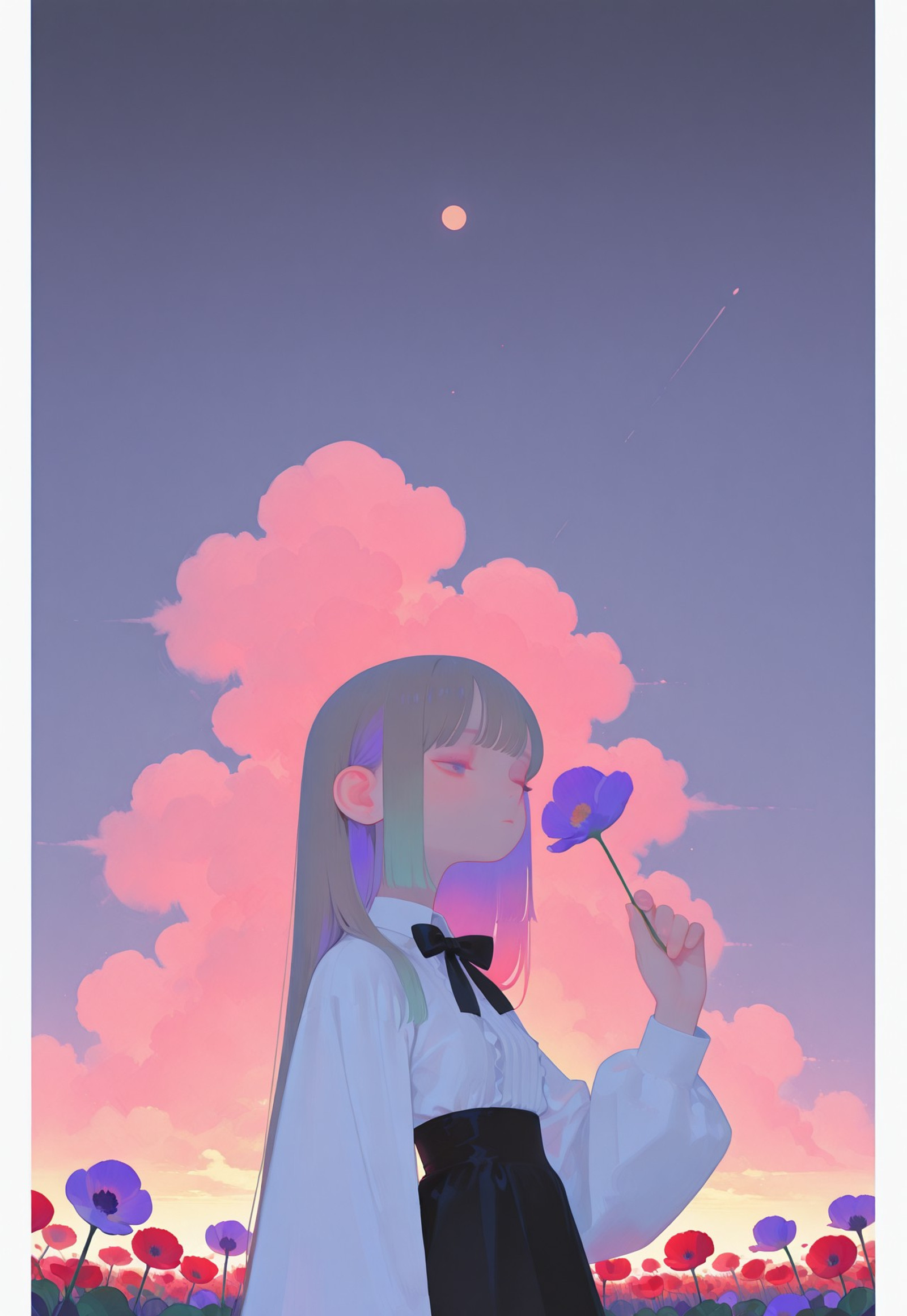 masterpiece, best quality, 32k, high resolution, absurdres, HD32k, masterpiece, high detail, extremely detailed, detailed linework, dynamic composition, (realistic), flat color, from below, pastel cyan eyes, grey hair, multi colored hair, long hair, twintales, half closed eyes, dazed, emotionless, white shirt, frills, long sleeves, dark black skirt, center frills, frilled skirt, high-waist skirt, puffy long sleeves, black bow, collared shirt, puffy sleeves, 1girl, solo, upper body, maid apron, poppy field, hand up, smelling a poppy, looking to the side, leaf, red poppy field, purple poppies, gradient blue background with thick white border, symmetrical clouds, gentle soft lighting, morning light,

excessive petals in sky, gradient background with white border, umemiart, Gl0ss_style, backlight, symmetric clouds in background, (white borer),