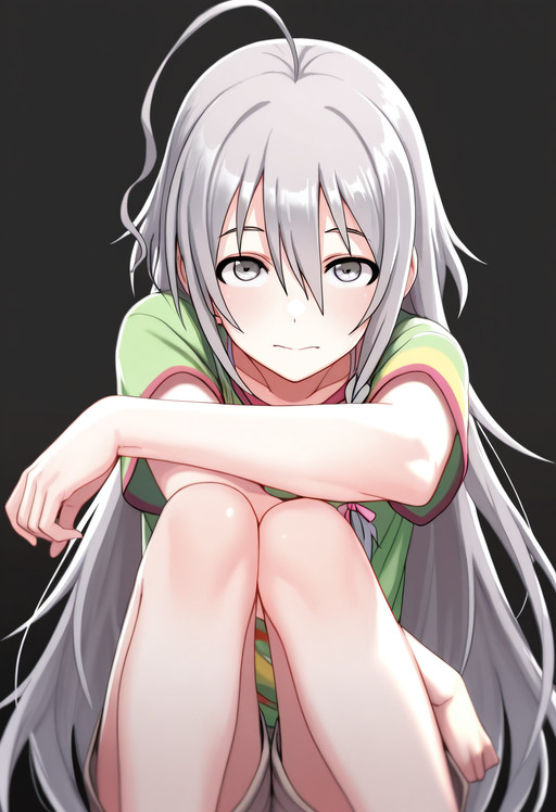 masterpiece, best quality, ultra detailed,  MajimeyaIsao,
 hoshi_syoko, idolmaster, 1girl, grey_hair, grey_eyes,
 one arm bent across stomach, other arm relaxed, wide stance, knees relaxed,