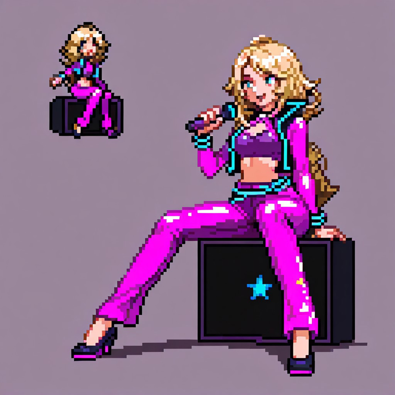 one woman, one sprite, 1woman, max detail, Expressiveh, masterpiece, best quality, absurdres, highres, highly detailed, high quality, one woman,1woman, A woman, generation V Sprite, detailed face pixels, singular sprite, detailed pixels, pixel sprite, defined edges, no background, high pixel count, pixelart, A beautiful Woman, long bright blonde hair, wearing a purple neon outfit, kpop star, energetic, glowing, long legs, purple pants, purple halter top, holding a microphone, cute, sitting on the floor