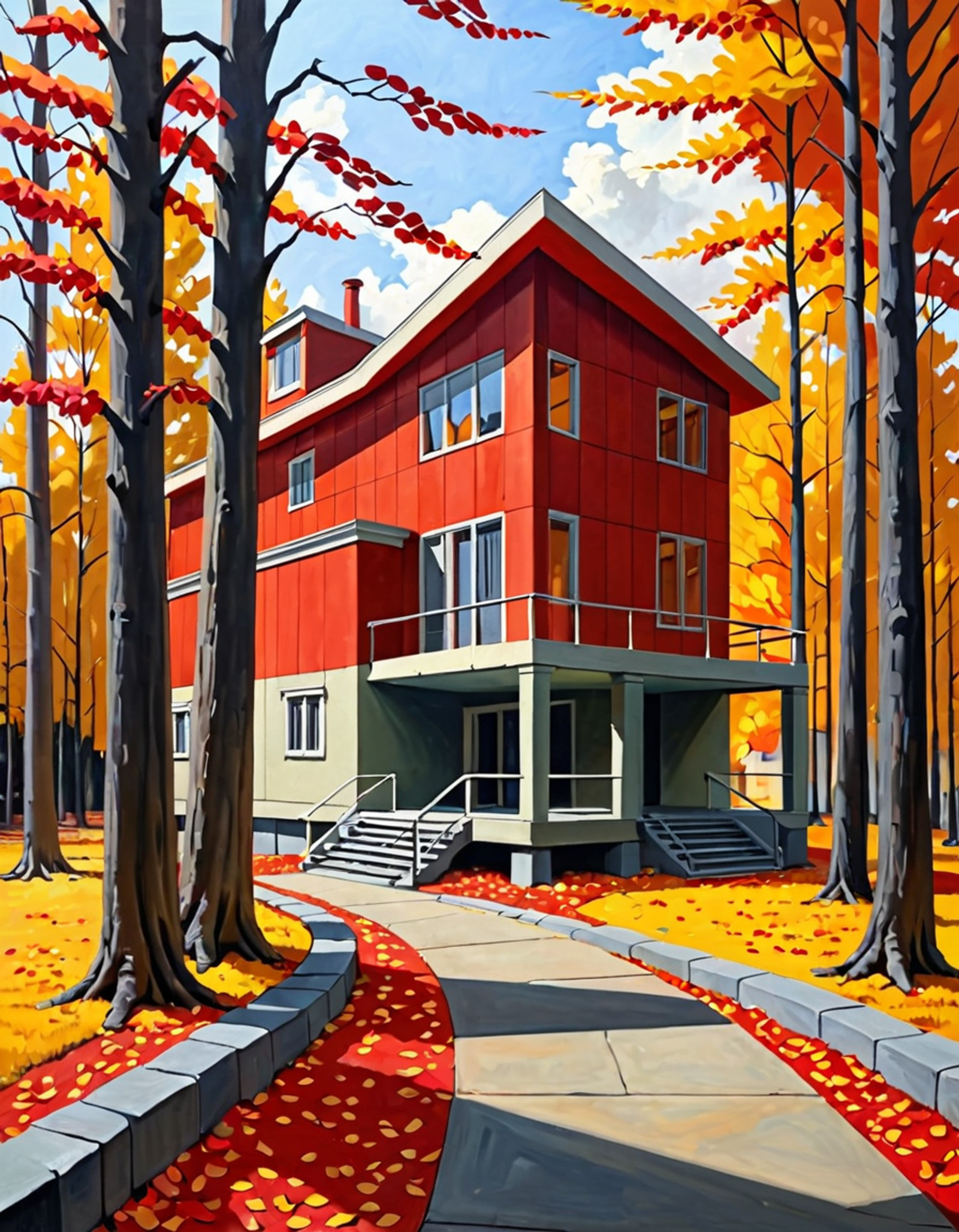 A scenic hiking trail in the heart of autumn, bordered by trees in brilliant shades of red, orange, and yellow. Leaves scattered on the ground, with a crisp, fresh atmosphere, High quality, best quality, masterpiece, muted tones, desaturated colors, strong geometric architecture, loneliness, quiet introspection, stillness, melancholic atmosphere, 1940s American realism, mid-century architecture, vintage clothing styles,  oil painting texture, canvas brush strokes, in the style of an Edward Hopper painting