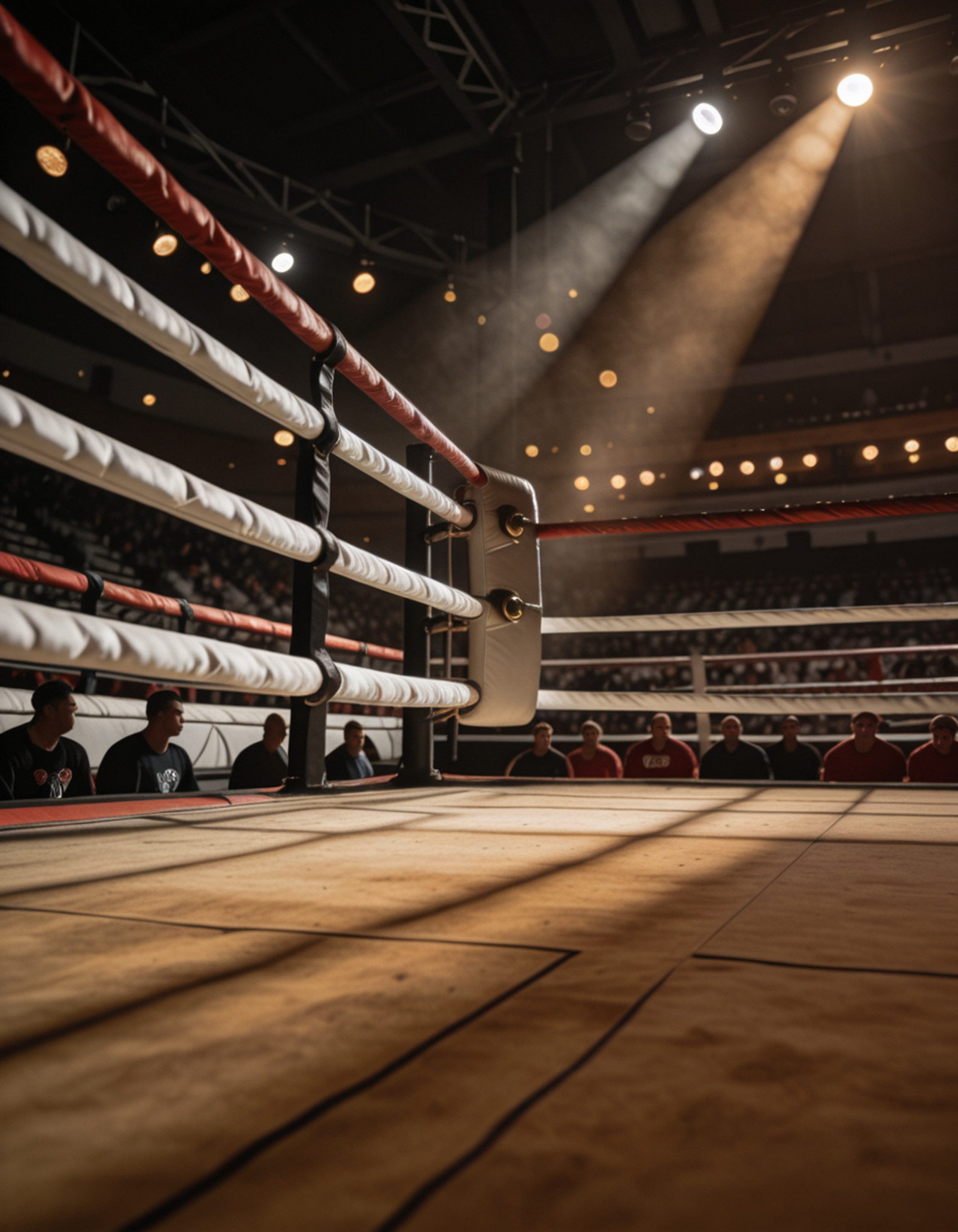 lowered background, boxing ring corner seen from inside the ring, interior view of ring corner, corner post with turnbuckle padding, red and white ropes stretching across the frame, canvas floor in foreground, view looking toward the corner, blurred crowd beyond the ropes, distant stadium seating, spectator silhouettes behind the ropes, overhead arena spotlights, dramatic top-down lighting, atmospheric haze, warm light beams cutting through the air, bokeh lights in the background, shallow depth of field, sports venue atmosphere 
boxing ring c0rn3r  <lora:boxing_ring_c0rn3r-i:1>, Masterpiece,best quality,hi res,8k,(sharp focus, intricate, highly detailed),