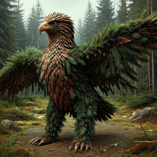 cinematic, h0rr0rstyl3, eagle made out of fir needles on an empty surface, full body, digital art