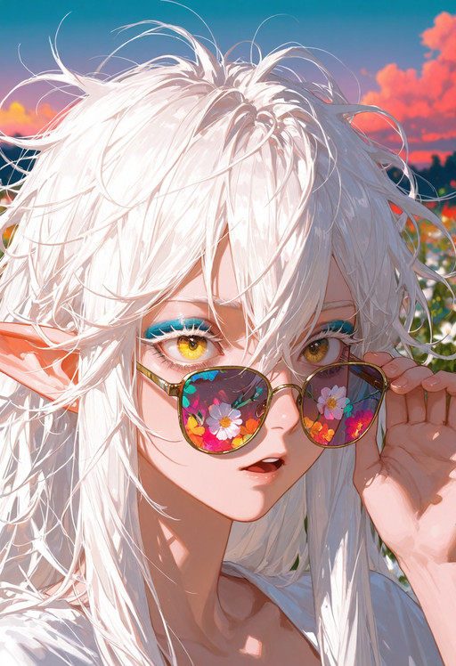 baifeidaiwang, (96yottea, tamberella, 43 pon, 1=2:0.3), portrait, close-up, colorful, scenery,, round mouth, solo, 1girl,solo,elf ears,very long hair,white hair,hair between eyes,disheveled hair,(messy hair:1.3),yellow eyes,eyeshadow,long sidelocks,White dense eyelashes, sunglasses, adjusting eyewear, (reflection: glowing reflections, contrast lighting, flower reflection in glasses, glasses reflection, fantasy, multicolored sky), solo, (hair between eyes:0.9), blurry background, refraction, prismatic light,
thick lines,
lazypos,