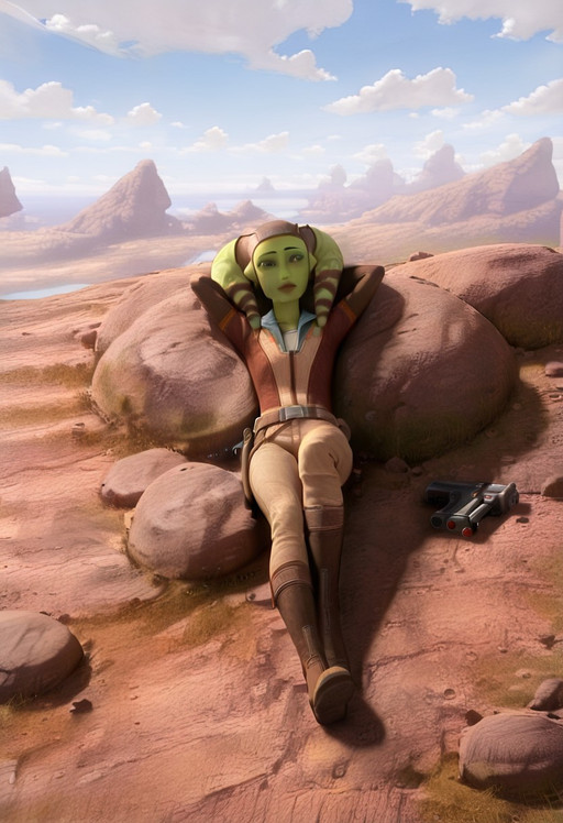 (masterpiece, best quality, very aesthetic, newest, 2024), ( hi res, realistic, masterpiece, high quality, absurdres, realistic, detailed, best quality, solo, rating_safe, SWBBH3raSyndulla, Hera Syndulla (Star Wars the bad batch), Twi'lek species, animated character, animated style, sci-fi setting, humanoid, green skin, expressive face, expressive eyes, white sclera, green irises, round black pupils, nose, mouth, lips, eyebrows, lekku, lekku markings, brown leather pilot cap, brown lekku wraps, brown pilot vest, tan long-sleeve undershirt, blue collar, holstered blaster, utility belt, belt pouches, pilot outfit, brown pants, brown boots, female focus, 1girl, solo, full body, lying, on back, hands behind head, looking at viewer, view from above, outdoors, day, ground, horizon, blue sky, cloud, shadows