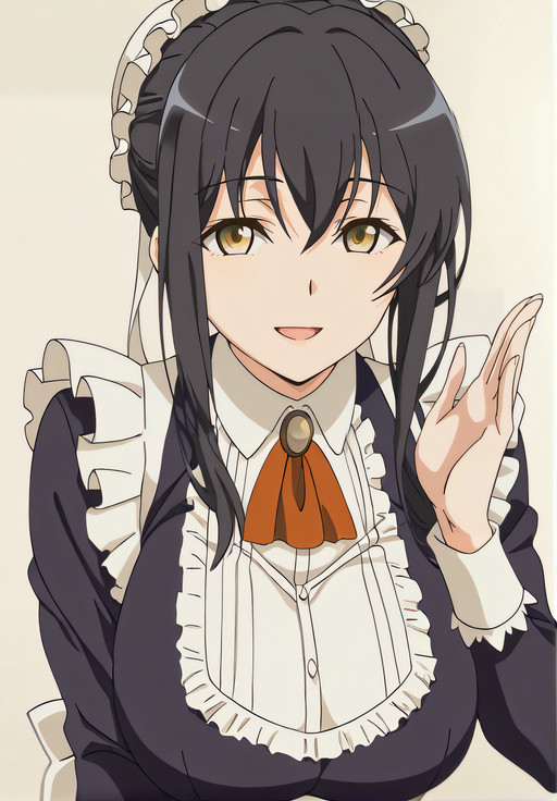 masterpiece, best quality, highres, newest, 1girl, solo, official style, anime screencap, <lora:IL26_Hanabishi_Saori:1>, saori, black hair, sidelocks, yellow eyes, large breasts, maid headdress, ascot, maid, maid apron, frills, looking at viewer, smile, indoor, upper body, hand up, five fingers:1.3, open mouth