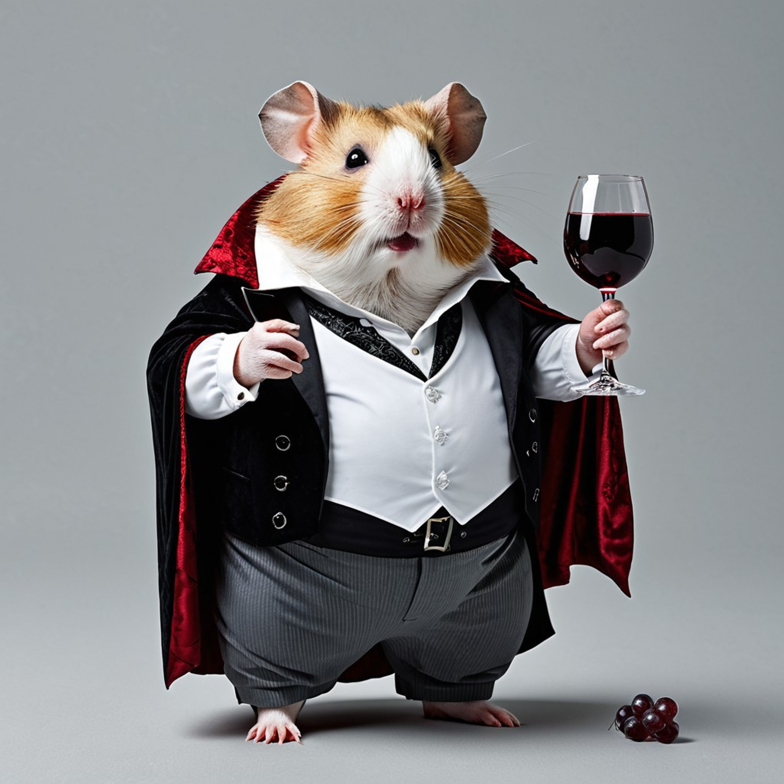 (fat hamster:1) in vampire lord outift standing upright and holding a glass of red wine, full body, grey background, high resolution