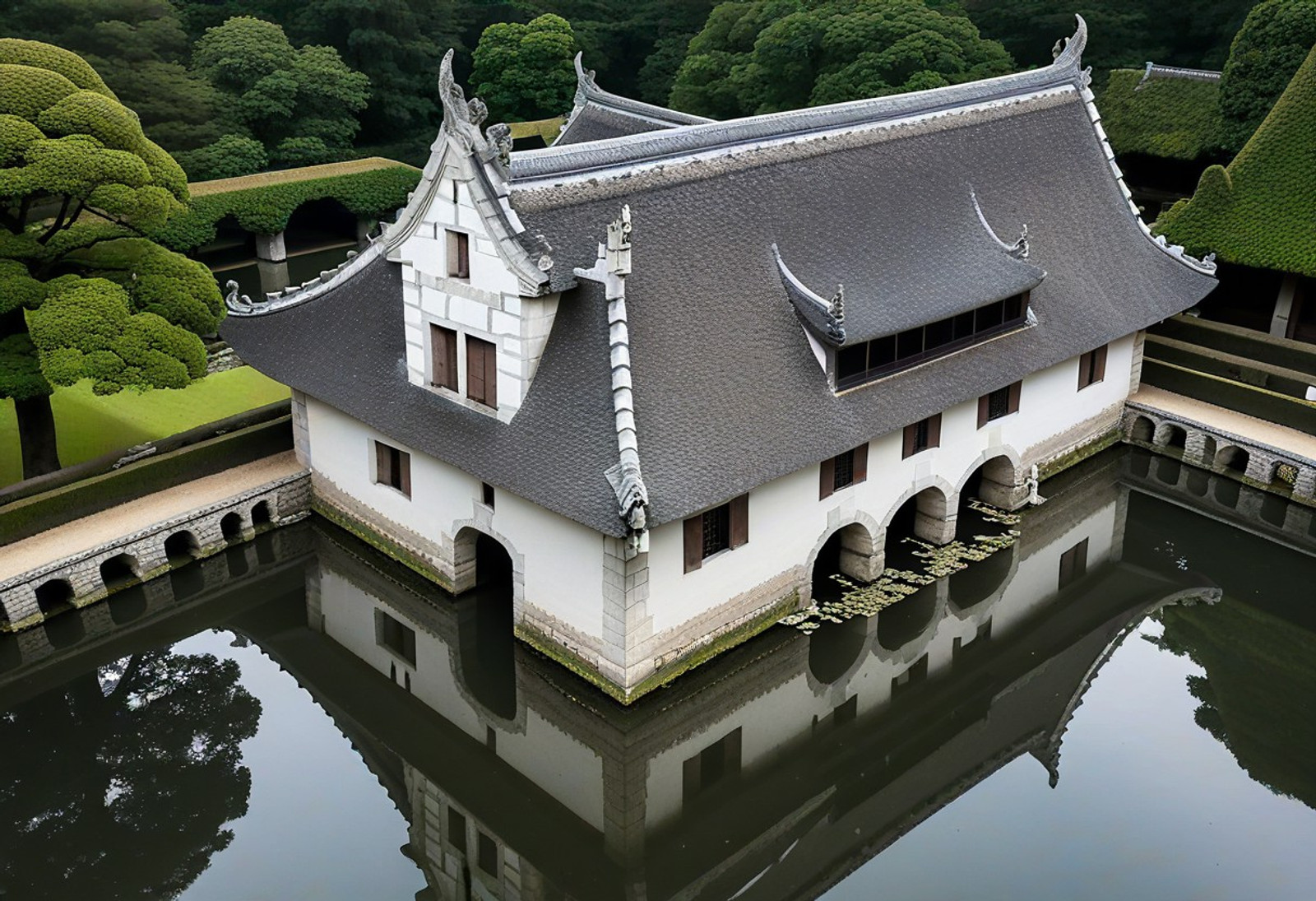 Roof aerial of stone house of fabulously wealthy but lowborn Sakoku Edo period merchant nicknamed the Chenonceau of Asia as it is built over a reflecting pool,