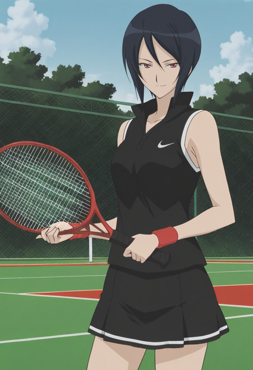 <lora:IL_Kaname_Kenjou_-_Strawberry_Panic:1>, official art, detailed art, ultra detailed art, masterpiece, anime coloring, finetuneanime, anime screencap, 2000s \(style\), kanameken, 1girl, solo, short hair, black hair, hair between eyes, red eyes, medium breast, curvy, large hips, tennis uniform, sportwear, black shirt, sleeveless, red wristband, black skirt, red sneakers, 
BREAK
cowboy shot, standing, holding one red tennis racket, looking at viewer, smirk, half-closed eyes, hand up, 
outdoors, day, blue sky, clouds, tennis court, green mesh fence, aesthetic, very aesthetic,