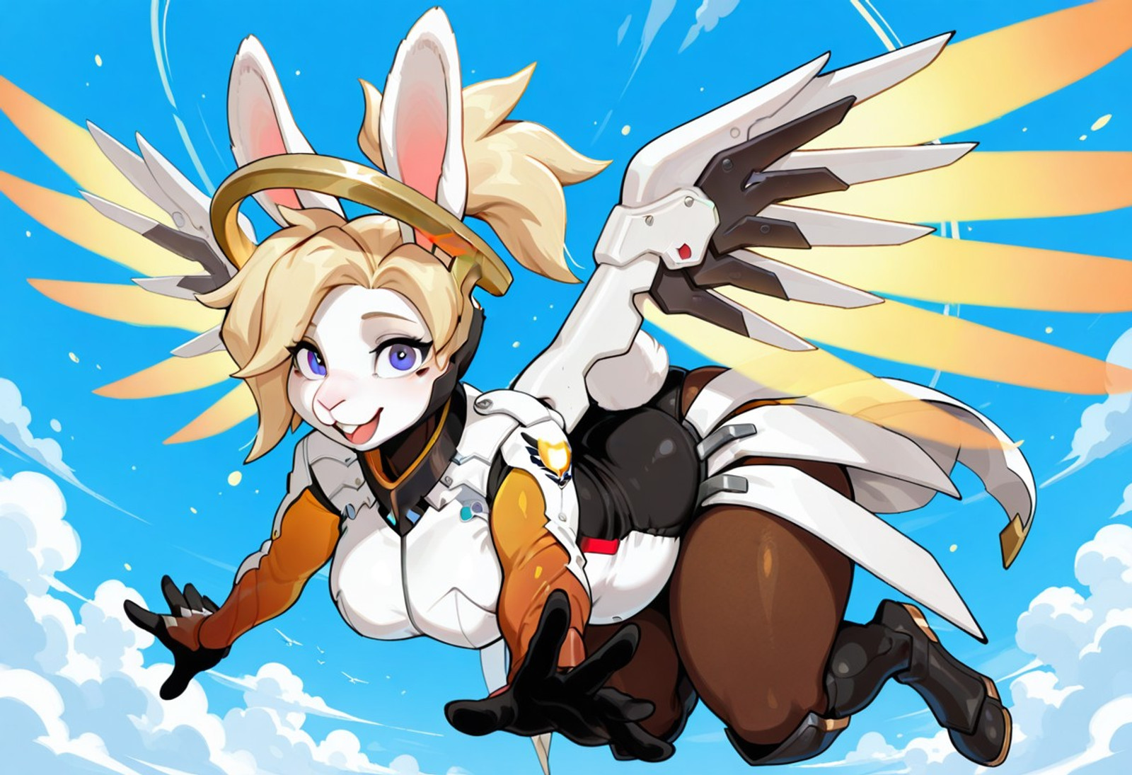 masterpiece, best quality, amazing quality,Mercy,blonde hair,blue eyes,mechanical wings,mechanical halo,high ponytail,anthro,furry,rabbit,rabbit ears,collar,looking at viewer,solo, flying, fullbody, chubby