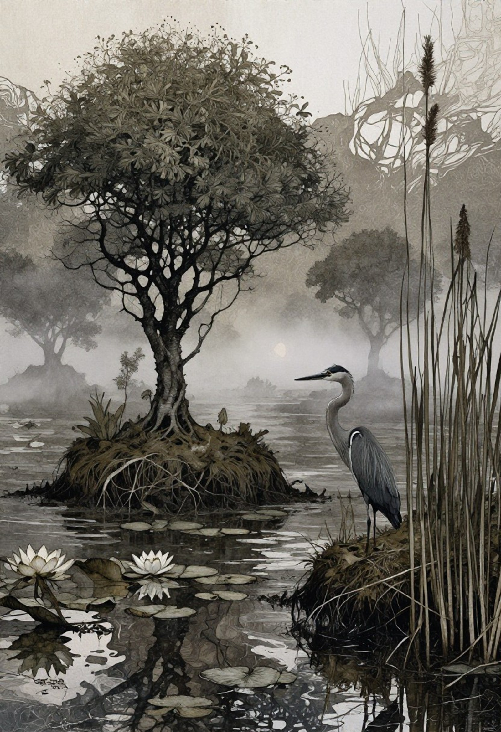 coniltralution art style: A gloomy swamp, hummocks, quagmire, dwarf tree, water lilies, reeds, heron, thick fog, a light in the fog, <lora:Illustration_E16:0.8>