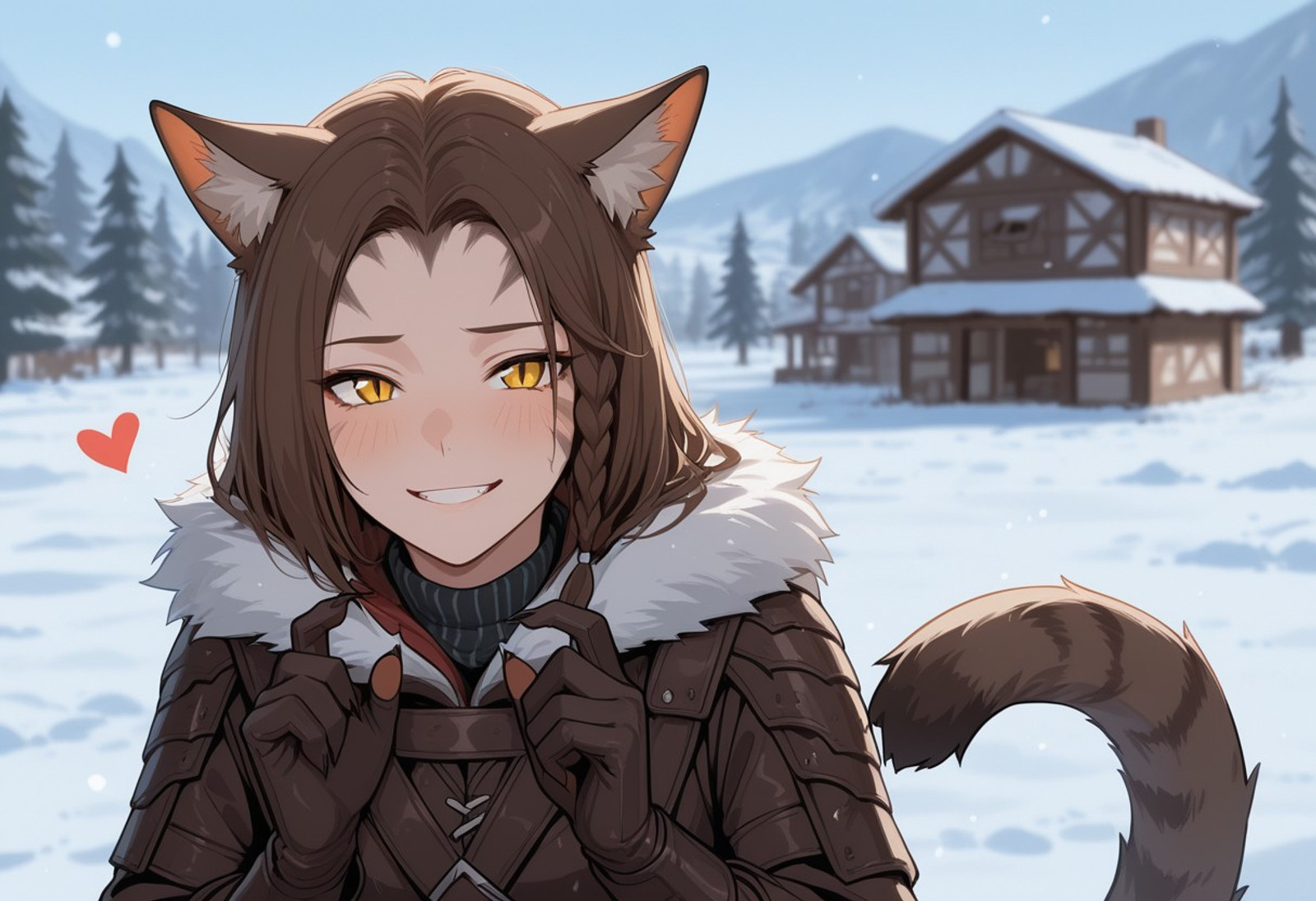 score_9, score_8_up, source_furry, mrissi, braid, yellow eyes, slit pupils, cat ears, tail, detailed fur, sharp nails, depth of field, masterpiece, best quality, very aesthetic, high definition, wearing leather armor from Skyrim, Skyrim, outdoor, village, winter, snow, standing, she hands gesture with a heart, smile