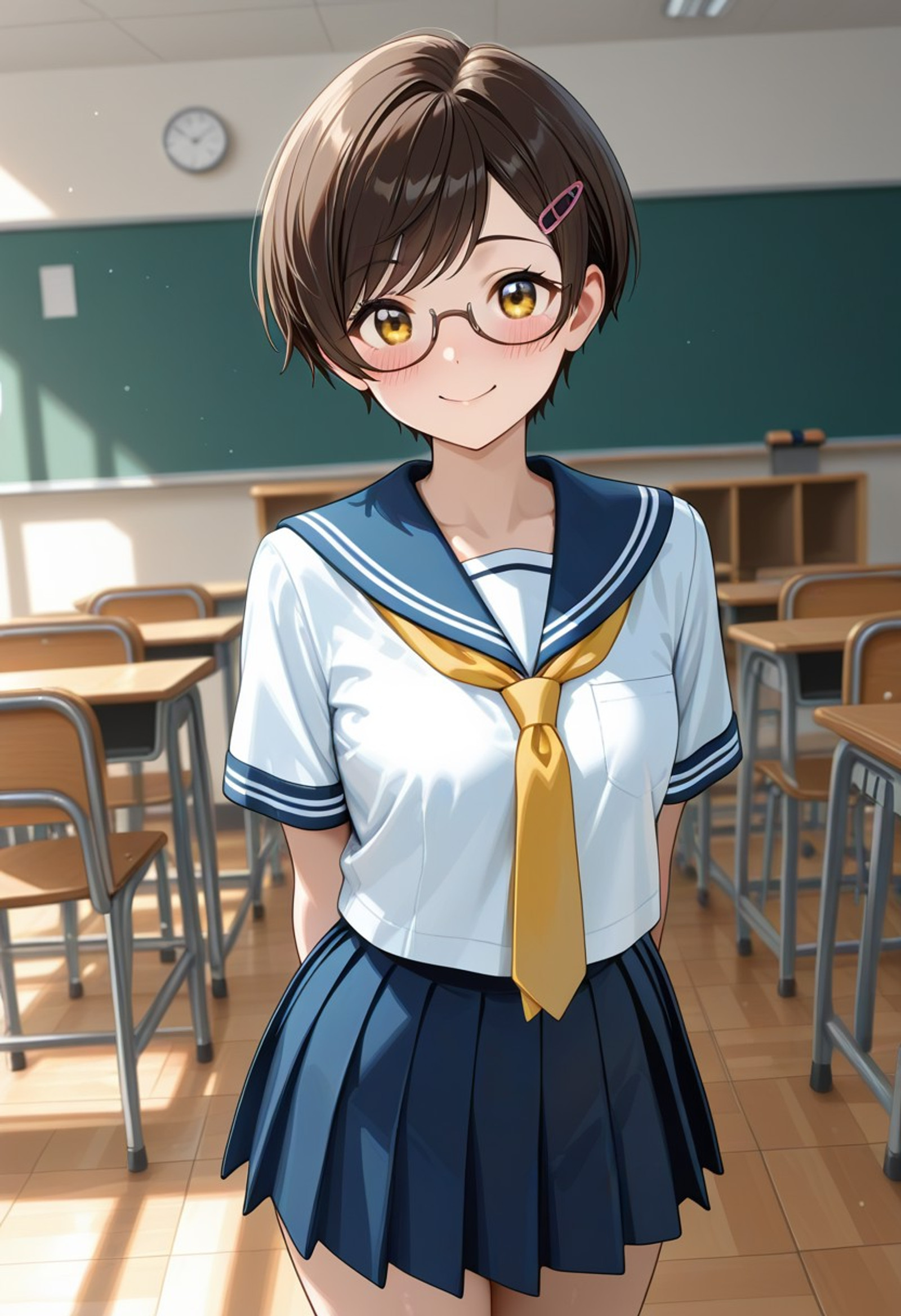 ((high quality:1.5), ((high resolution)), ((incredibly detailed)), newest, 8K, 16K, visualnovel illustration quality, masterpiece, natural lighting, perfect anatomy, detailed background, dynamic angle, indoors, classroom, chair, 1woman, white serafuku, blue sailor coller, short sleeve, yellow tie, blue pleated skirt, standing, perfect face, perfect blue eyes, semi-rimless eyewear, small breasts, detailed brown pixie cut, swept bangs, lustrous skin, flushed skin, hairpin, happy smile, blush, arms behind back, Jeddtl02,