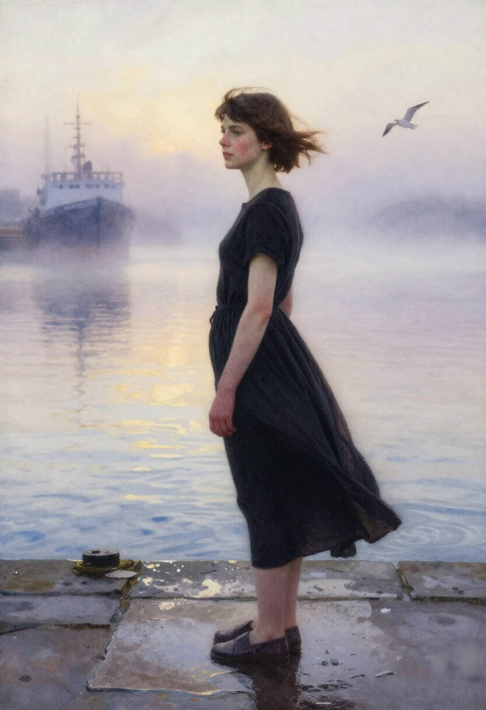 john singer sargent inspired watercolor painting, cinematic coastal realism. Full-length side-angle shot of a young Dutch woman with a short slightly messy dark-brown bob, fair cool-toned skin with faint freckles, and a calm introspective expression. She wears a simple elegant black midi dress (lightweight fabric, minimal Scandinavian design), slightly moved by the wind.
She stands on a wet stone pier at dawn in a North Sea harbor. Soft early morning light breaks through fog, tinting the scene with muted blues, pale gold, and cold lavender tones. The sea is calm and reflective.
Her hair is gently wind-tossed, and she looks back over her shoulder with quiet emotional restraint. No drama, only stillness.
In the distance: faint silhouette of a ship dissolving into mist, soft flying seagulls. Wet stone reflections subtly mirror her figure.
Atmosphere: serene melancholy, Nordic light, quiet awakening, painterly softness, atmospheric watercolor diffusion, cinematic realism.