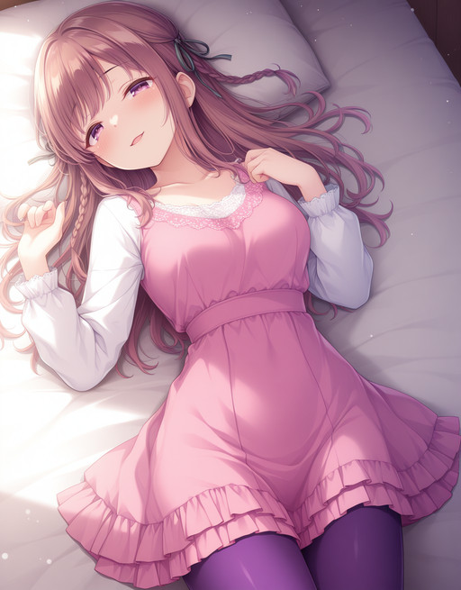 embedding:lazypos, particles, 1girl, Mizusawa Sayaka, brown hair, braid, hair ribbon, casual2, collarbone, white sleeves, pink dress, purple pantyhose, seductive smile, lying on bed
