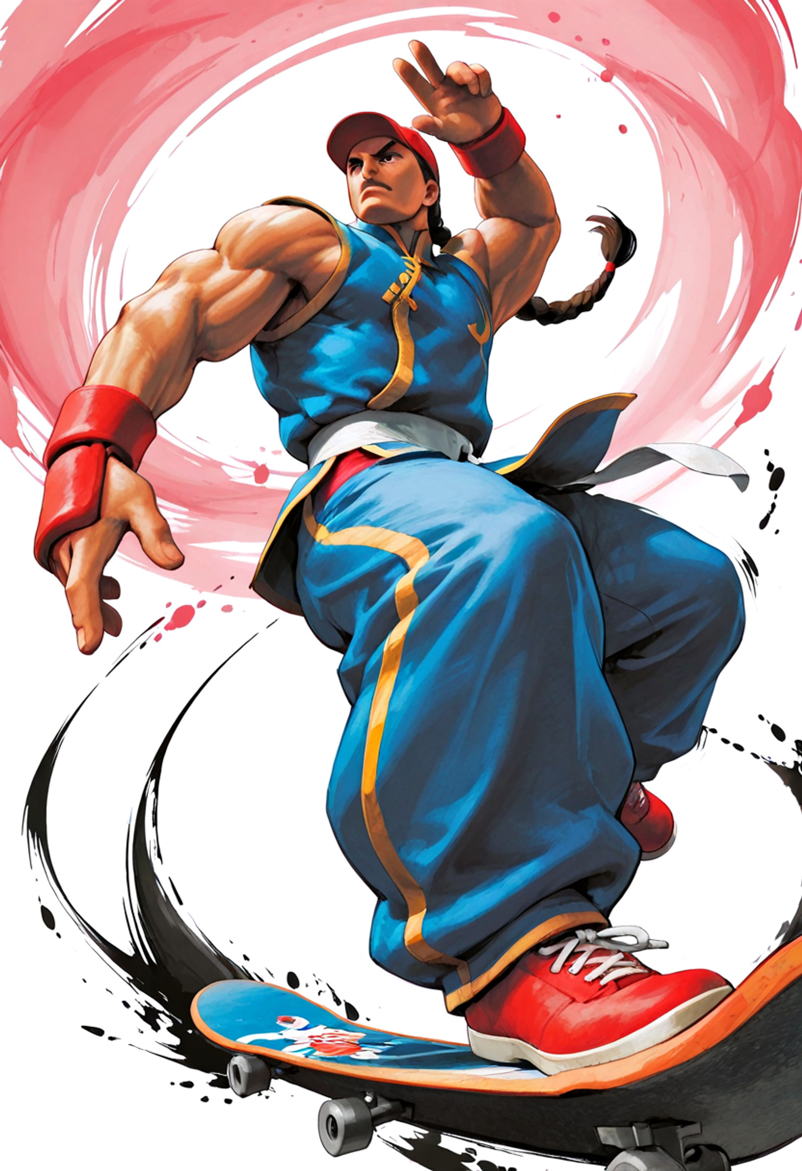 sf4_effect, (motion lines), (brushstroke, ink drops),  yun lee, street fighter, 1boy, solo, long hair, black hair, brown hair, single braid, chinese clothes, baseball cap, chinese clothes, baggy pants, muscular, muscular male, bridal gauntlets, riding skateboard, view from below, high velocity, dynamic pose, highres, masterpiece, best quality, amazing quality, very awa, very aesthetic, , <lora:SDXL1.0\dmd2Sdxl4stepMerge.jcNz.safetensors:1.0:1.0> <lora:Illust\edit\new\sf4_motion_line_v1-000007.safetensors:1.0:1.0>