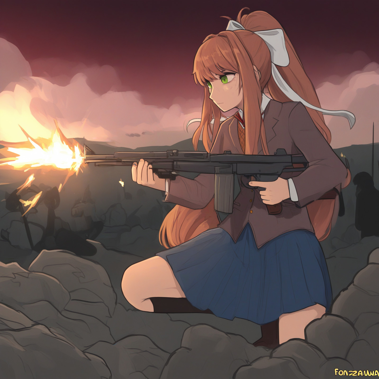 masterpiece, best quality, amazing quality, very aesthetic, absurdres, newest,
<lora:fonzawa_style_NoobVP-r2-000008:0.9> fonzawa,
1girl, solo, monika \(doki doki literature club\), green eyes, brown hair, long hair, swept bangs, sidelocks, ponytail, white ribbon,
on one knee, gun, firing, sandbags,
outdoors, battlefield,