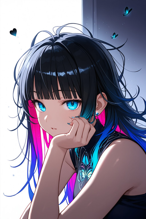 masterpiece, very aesthetic, absurdres,
solo, 1girl, vibrant colored hair, detailed hair, long hair, blunt bangs, messy hair,
beautiful eyes, detailed eyes,
shirt, sleeveless, jewelry, fingers, nails,
forbidden atmosphere, dark mood, quiet tension, low light, moody lighting, subtle eroticism,
Illusion Butterfly, heart symbols,
upper body,
looking at viewer, parted lips,
simple white background,