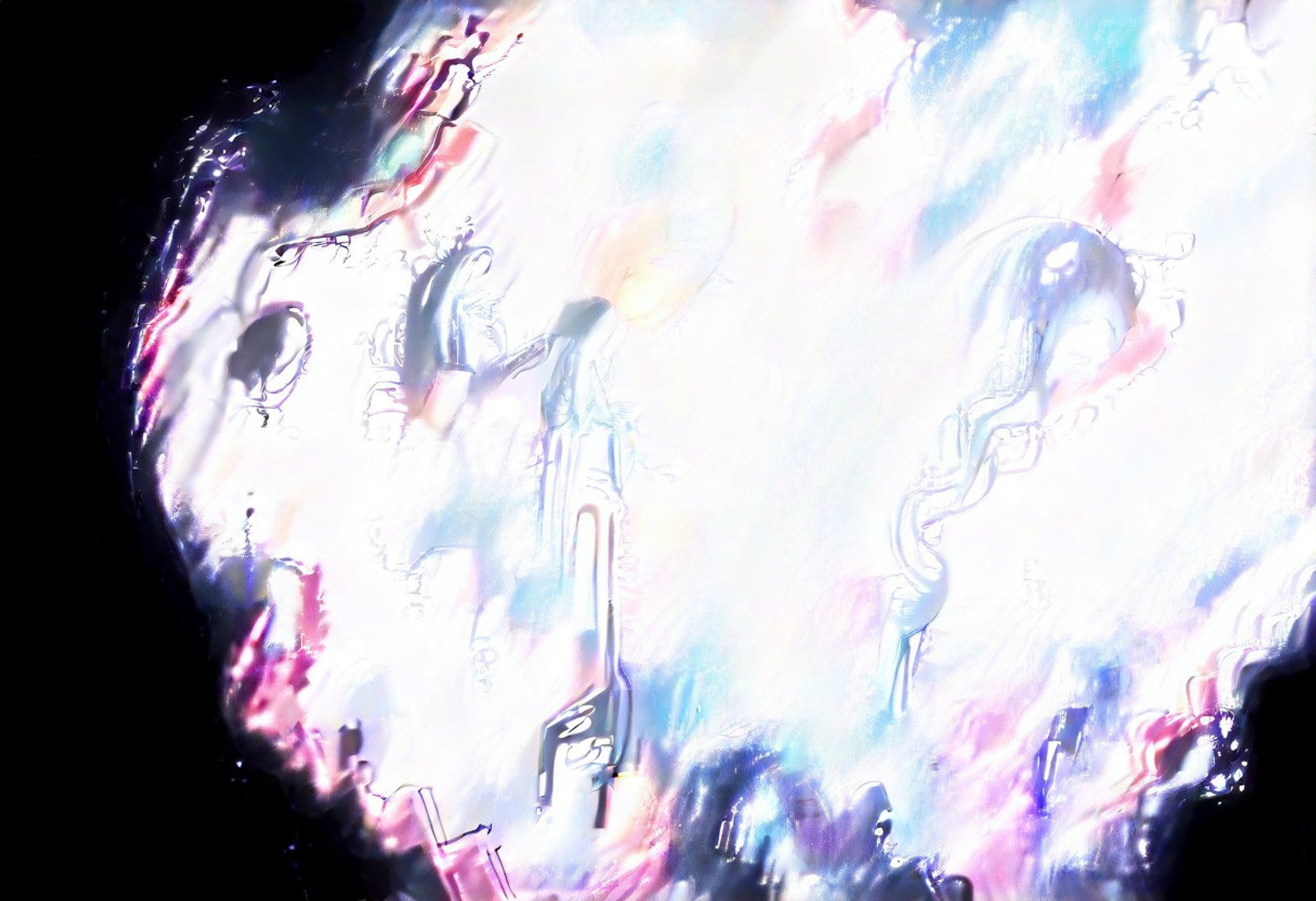 female cosmic entity emerging from an infinite void, ancient stone pillars orbiting her body, elegant alien tentacles made of stardust spiraling around her form, glowing eyes, subtle sheer cosmic garments, deep space background, nebula clouds swirling, dramatic shadows, gothic sci-fi aesthetic, moody, surreal, high contrast, ultra detailed, masterpiece