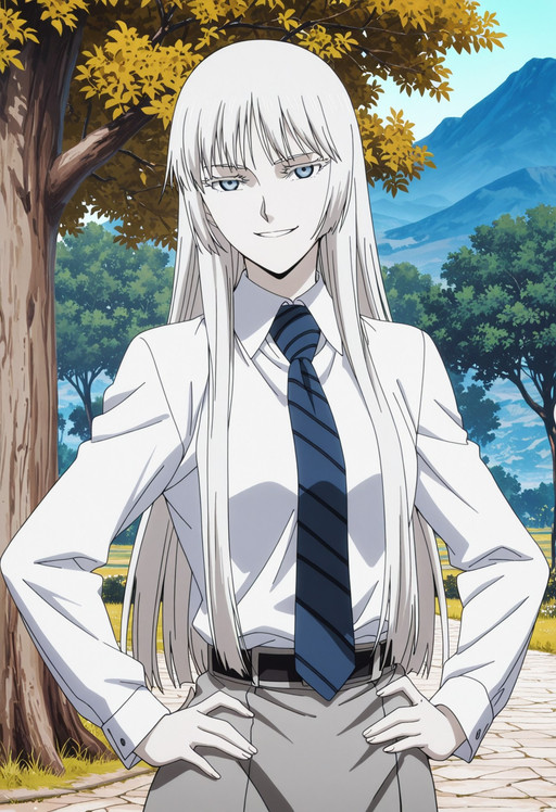 Masterpiece, Highest Quality, High Resolution, 8K, Crystal Clear Highest Quality, Masterpiece, Anime Screenshot, Female Solo, Solo This image depicts an anime girl in uniform with long white hair and blue eyes, Yormungand (manga), female solo, long hair, gazing at the viewer, blue eyes, white hair, slightly parted lips, tie, scowling expression, anime-style coloring, white eyelashes.
,One woman, solo, long hair, looking at viewer, smiling, shirt, blue eyes, skirt, white shirt, gray hair, outdoors, tree, hands on hips, suit, formal attire, white skin, business suit, white suit, white eyelashes