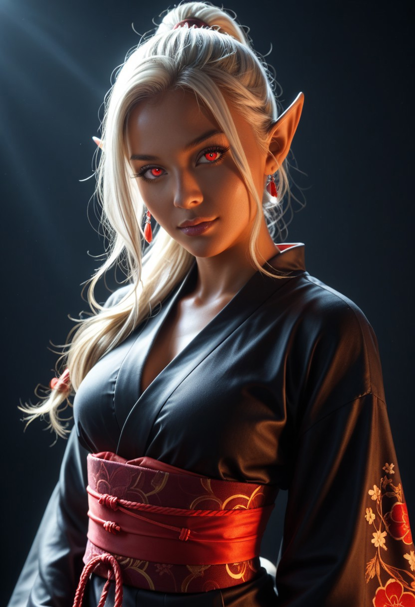 score_9, score_8_up, score_7_up, masterpiece, best quality, ultra detailed, (1girl:1.3), solo, dark elf, (dark-skinned female:1.3), (dark skin:1.2), brown skin, beautiful detailed face, platinum blonde hair, long hair, high ponytail, hair bangs, (pointy ears:1.2), elf ears, (glowing red eyes:1.2), (red eyes:1.3), luminous eyes, intricate eyes, looking at viewer, confident expression, standing pose, three-quarter view, (modified kimono:1.2), Japanese attire fusion, black glossy kimono, (leather-like fabric:1.1), revealing outfit, chest wrappings, bandage wraps, (burgundy sash:1.2), wide obi belt, long sleeves, red accents, dark gradient background, dramatic lighting, rim lighting, strong highlights, cinematic lighting, atmospheric, dark fantasy aesthetic, vibrant colors, photorealistic, extremely detailed CG, centered composition