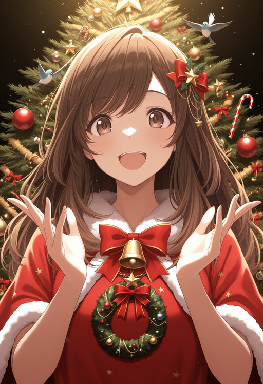 masterpiece, best quality, highly detailed, sharp focus, absurdres, brown hair, brown eyes, long hair, 1girl, solo , kgntkok, candy cane, candy, food, bell, bird, christmas, hair ornament, bow, open mouth, star (symbol), christmas ornaments, smile, chain, wreath, christmas tree costume