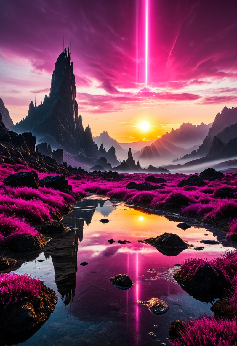 inspired by Stephan Martiniere, masterpiece,Ultra-detailed alien landscape at sunrise with a surreal magenta a