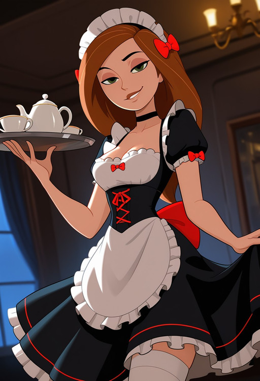 masterpiece, best quality, amazing quality, very aesthetic, absurdres, depth of field, toon, 1girl, (solo_female:1.4), xkimx, brown hair, long hair, green eyes, prefect lips, detailed lips, prefect eyes, detailed eyes, smile, eyeliner, cleavage, looking at viewer, maid apron, frilled dress, back bow, zettai ryouiki, white thighhighs, maid, puffy short sleeves, black choker, Japanese dress, Japanese maid fashion, long dress, red bows, white clothing, short sleeve dress, laces, ruffles, white apron, maid headdress with bows, indoors, in a café, maid café, tea set, holding tray, posing, looking at viewer, athletic body, defined body, glistening skin, smirk, medium_breasts, slim_figure:1.2), inside, nighttime, photoshoot, (cowboy shot)), dynamic angle, depth of field, dramatic lighting, cinematic atmosphere, Expressiveh, dynamic poseExpressiveh, dynamic pose