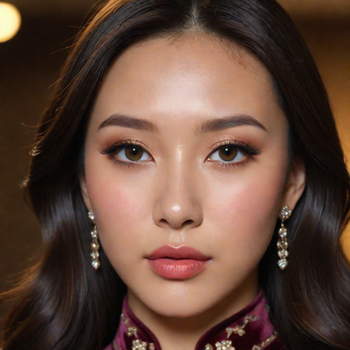 **Character Focus & Shot:**
(Close-up beauty shot of a glamorous Chinese K-pop idol:1.4), (powerhouse vocalist), (fierce and luxurious look:1.3), (masterpiece), (best quality).

**Facial Features:**
(Slightly wider face shape), (strong, high cheekbones), (bold, pronounced facial features).
**Eyes:** (Large, expressive almond eyes), often with colorful contacts (e.g., green/grey), (heavy, smoky eyeshadow:1.2) and long lashes.
**Nose & Lips:** (Slightly prominent, defined nose), (full, pouty lips) in a dark red or berry shade.
**Expression:** (Intense, powerful gaze), (sultry and dramatic expression).

**Hair & Makeup:**
(Long, wavy hair, often black or dark burgundy), middle part, voluminous.
**Makeup:** Heavy glamour makeup, strong eyebrow definition, bold lipstick, focused illumination on the T-zone.

**Attire & Lighting:**
Wearing a (velvet or luxurious dark fabric outfit), chunky gold jewelry. (Warm, rich, low-key lighting), cinematic shadows, deep bokeh background.