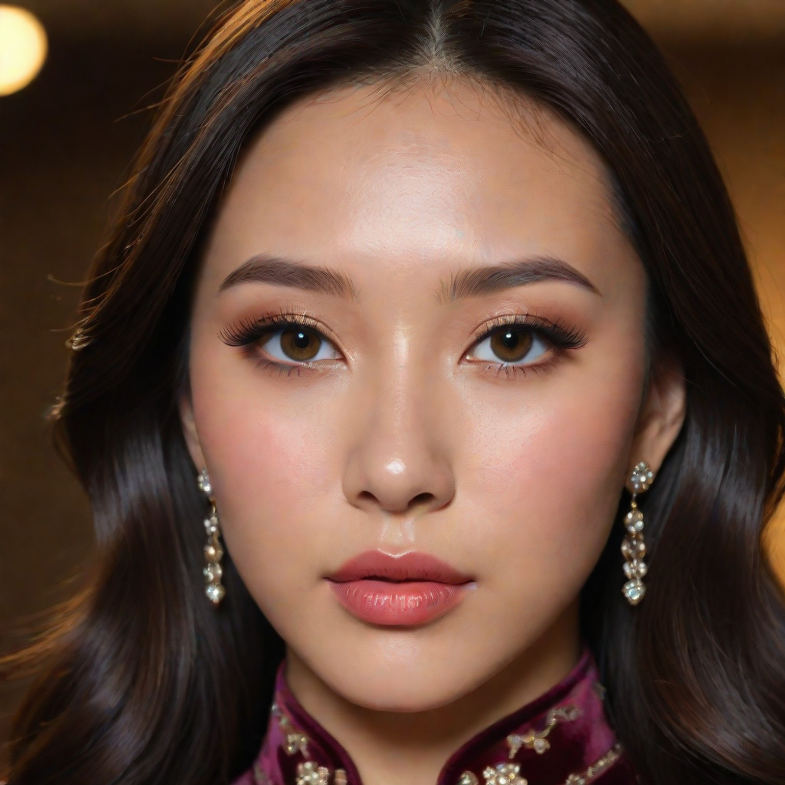 **Character Focus & Shot:**
(Close-up beauty shot of a glamorous Chinese K-pop idol:1.4), (powerhouse vocalist), (fierce and luxurious look:1.3), (masterpiece), (best quality).

**Facial Features:**
(Slightly wider face shape), (strong, high cheekbones), (bold, pronounced facial features).
**Eyes:** (Large, expressive almond eyes), often with colorful contacts (e.g., green/grey), (heavy, smoky eyeshadow:1.2) and long lashes.
**Nose & Lips:** (Slightly prominent, defined nose), (full, pouty lips) in a dark red or berry shade.
**Expression:** (Intense, powerful gaze), (sultry and dramatic expression).

**Hair & Makeup:**
(Long, wavy hair, often black or dark burgundy), middle part, voluminous.
**Makeup:** Heavy glamour makeup, strong eyebrow definition, bold lipstick, focused illumination on the T-zone.

**Attire & Lighting:**
Wearing a (velvet or luxurious dark fabric outfit), chunky gold jewelry. (Warm, rich, low-key lighting), cinematic shadows, deep bokeh background.