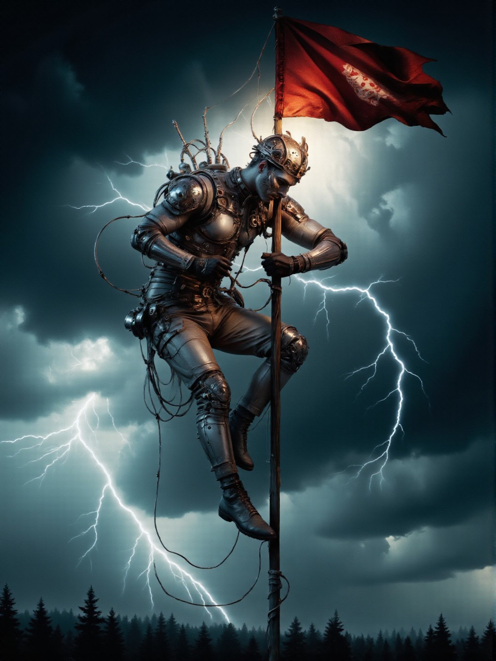 futuristic itemized person clinging to a flagpole during a storm <lora:Electrified Flux v1:1>