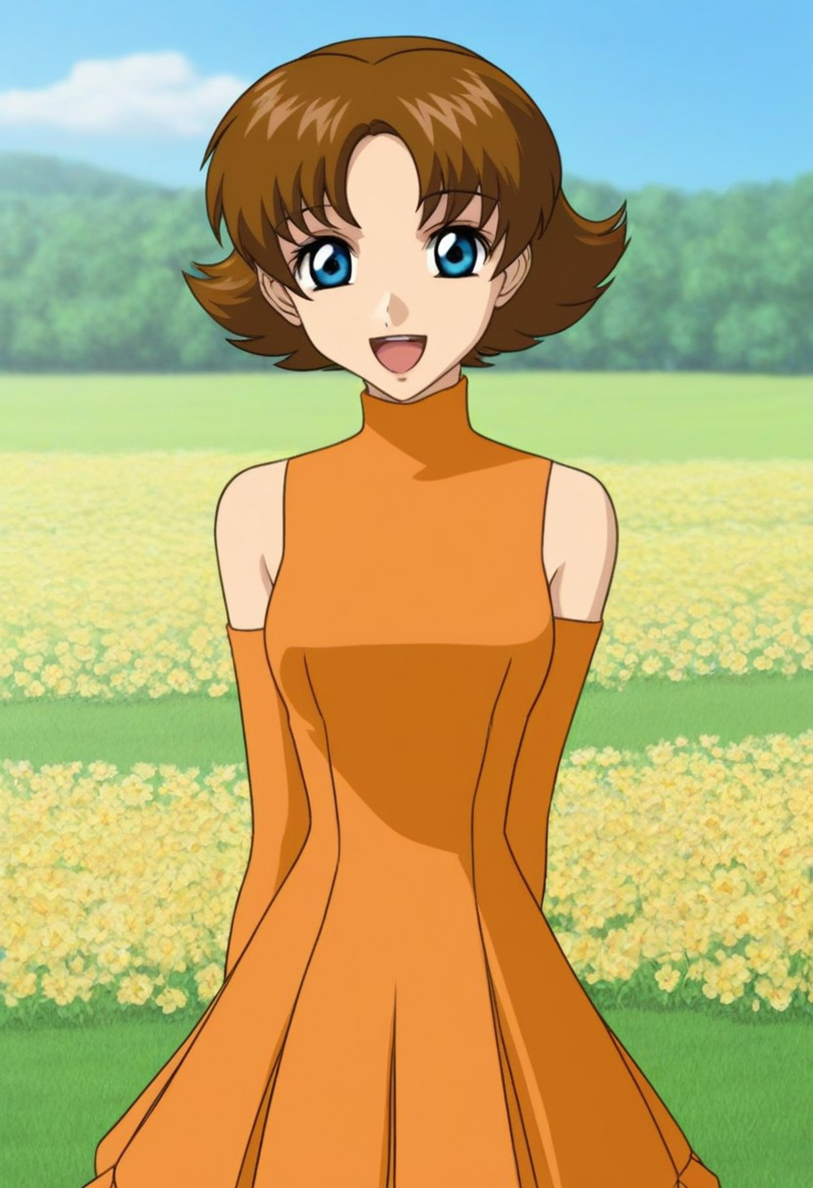 masterpiece, best quality, absurdres, (queenbuon), face focus, front view, 1girl, solo, looking at viewer, smile, <lora:Miriallia_Haw_Gundam_SEED_Pony:0.8>,miriallia,1girl,solo,blue eyes,brown hair,short hair,flipped hair, orange dress, sleeveless dress, turtleneck, bare shoulders, detached sleeves, orange sleeves, medium breasts, frill skirt, orange skirt, cute, open mouth, happy, outdoors, grassland, flowers background, blue sky background,