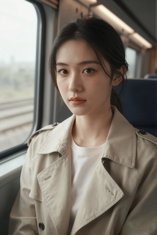 Ultraârealistic portrait of a 21âyearâold Chinese woman, visible from the chest up, seated inside a modern Chinese highâspeed train (Gaotie). She wears civilian clothing: a minimalist, elegant beige trench coat over a soft white top, modern and understated. She sits next to the window, with natural daylight illuminating her face, and the blurred landscape passing behind the glass.
Facial details:
â Eyes: almondâshaped, slightly elongated, warm darkâbrown irises with subtle golden flecks, calm and introspective gaze, soft natural eyelid crease, long straight lashes.
â Eyebrows: straight, slightly thick, gently sloping downward toward the outer edge, giving a serene, composed expression.
â Nose: straight and refined, smooth bridge, softly rounded tip.
â Cheekbones: high and softly defined, catching the soft train window light.
â Jawline: smooth and slightly rounded, youthful but elegant.
â Chin: small and gently pointed.
â Mouth: full natural lips with a wellâdefined Cupidâs bow, soft rose tone.
â Skin: warm beige tone, natural matte finish, faint freckles across the nose and upper cheeks.
â Forehead: slightly broad and smooth.
â Hair: straight black hair tied into a neat low bun, with a few loose strands framing her face.
Lighting is soft and natural, coming from the train window, creating gentle highlights and shadows on her features. The background shows the interior of a modern highâspeed train: clean lines, neutral colors, blurred scenery outside. Aesthetic: hyperârealistic 8K, contemporary Chinese lifestyle, calm elegance, cinematic realism.
85mm f/11 clarity photorealistic quality, professional cinematography, directional lighting with sharp dramatic shadows